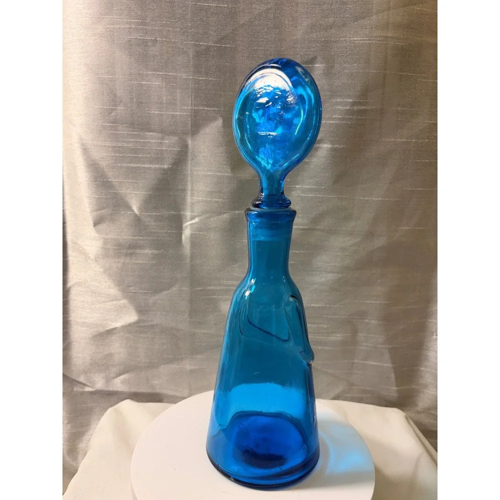 Vintage Erik Höglund Boda Blue Glass People Decanters Face Stoppers Pair MCM
